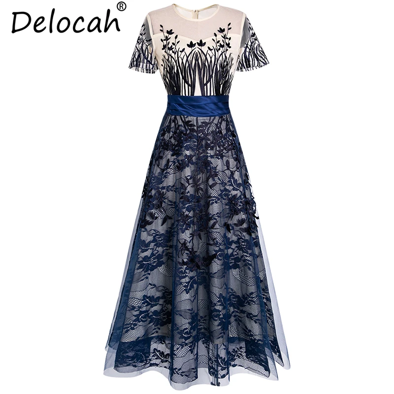 

Delocah 2019 Women Spring Summer Dress Runway Fashion Floral Embroidery Mesh Overlay Elegant Vintage Collect Waist Long Dresses