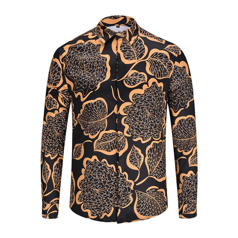 XIMIWUA New Arrival Men Shirts Golden Leaf Print Covered Button Casual Slim Chemise Homme Mens Dress Shirts Camisas Para Hombre