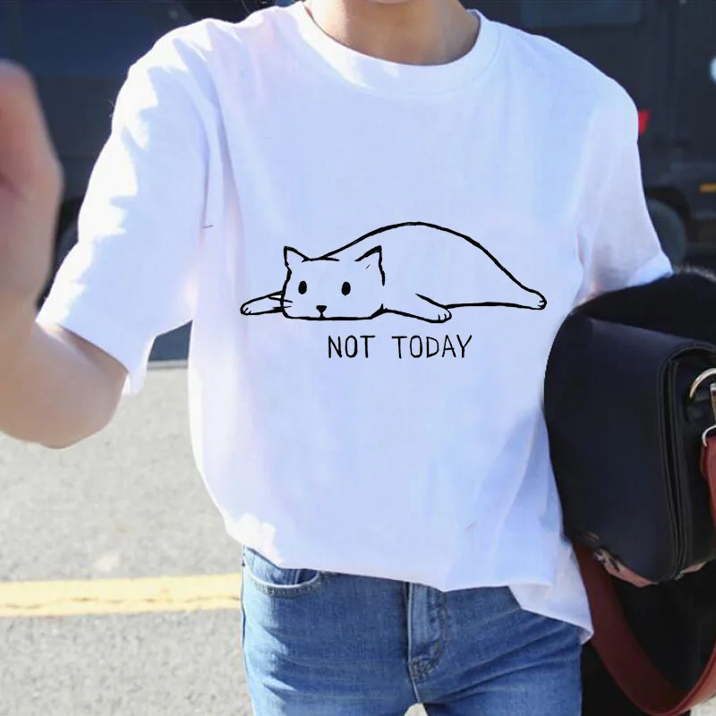 

ZSIIBO Summer is not today's cute cat print big virgin boy shirt casual funny hipster top cotton round neck T-shirt