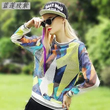 NEW 2017 spring T-Shirt fashion women clothing style long-sleeve slim hollow T-shirt female color block sun protection clothin