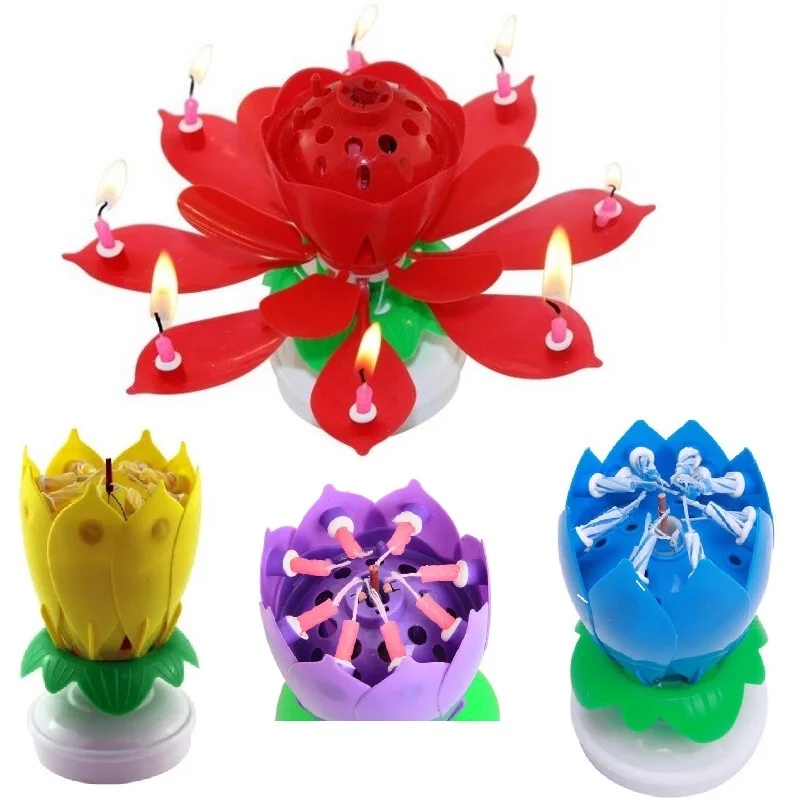 5 Pcs Double Layer Rotating Musical Lotus Candle Electronic Birthday