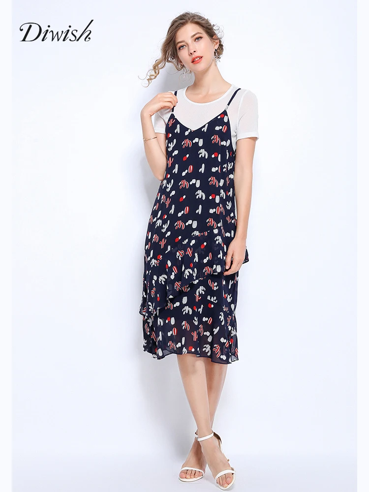 

Diwish 2019 Women Two Piece Set Plus Size 5XL Short-sleeved T-shirt Top + Cartoon Plants Print Ruffle Midi Spaghetti Dress