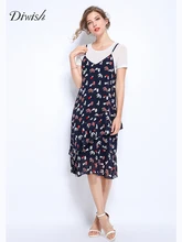 Diwish 2019 Women Two Piece Set Plus Size 5XL Short-sleeved T-shirt Top + Cartoon Plants Print Ruffle Midi Spaghetti Dress