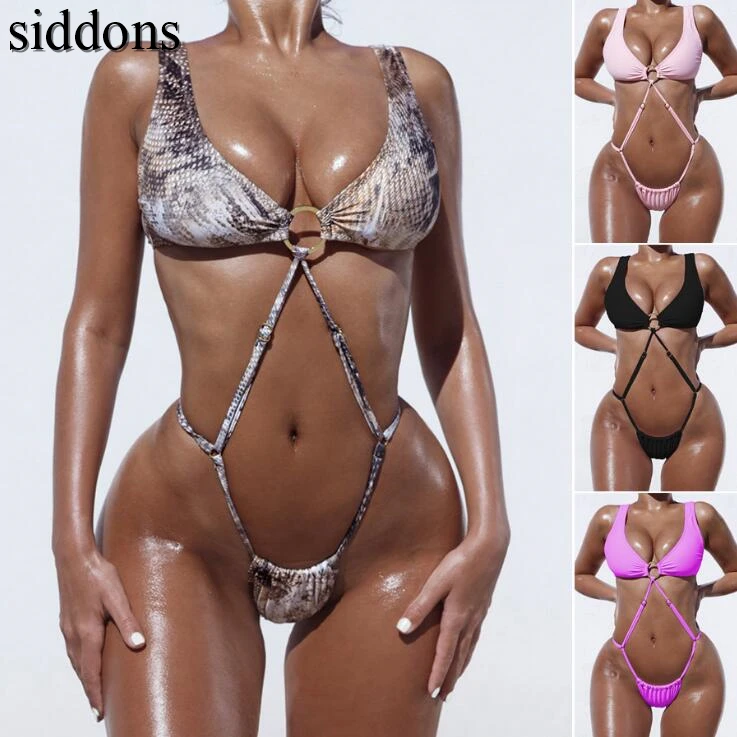 Woman Swimsuit 2019 summer new hot beach bikini low waist chest pad hollow sexy solid color snake pattern set 142 Biquini |