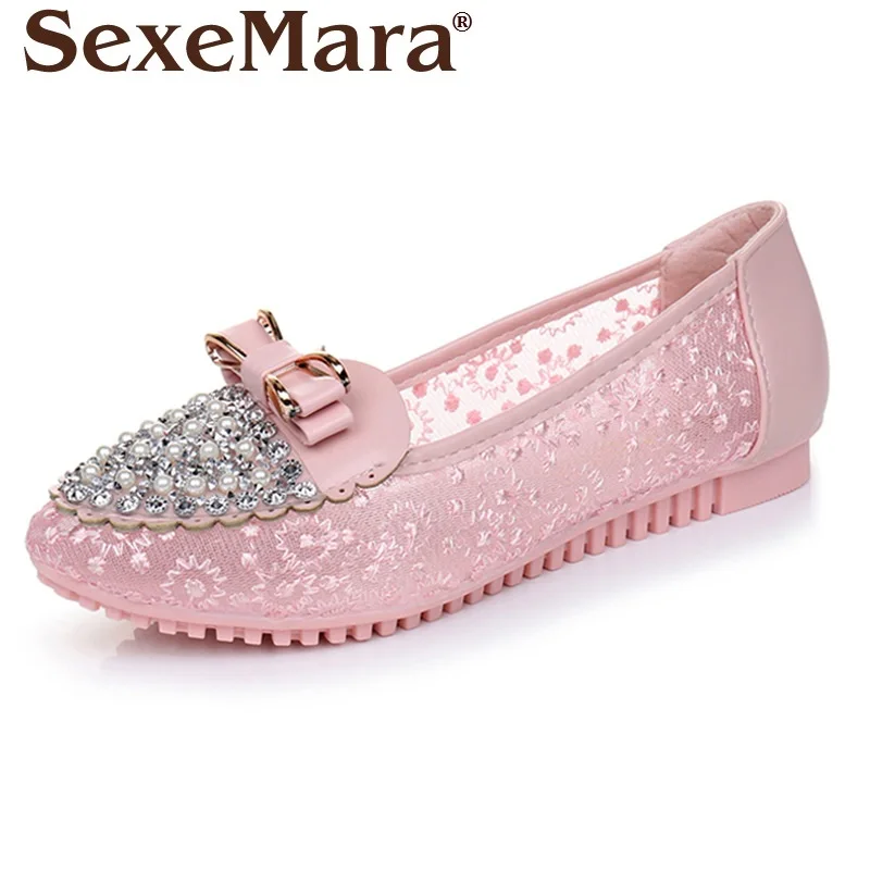 

SexeMara summer women lace mesh casual shoes size EU36-40 woman Rhinestone Bow soft flats female light non-slip flat shoes
