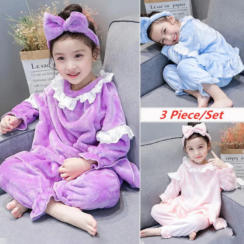 

3 Piece/Set Children Pajamas Set Women Cute Girl Soft Flannel Lace Pyjamas Female Stitch Lingerie 2019 Fashion Kid Sleepwear