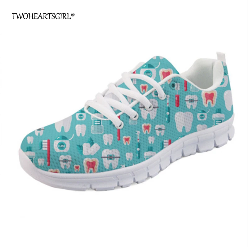 Twoheartsgirl Blue Dental Pattern Mesh Flats Lace Up Walking Shoes for