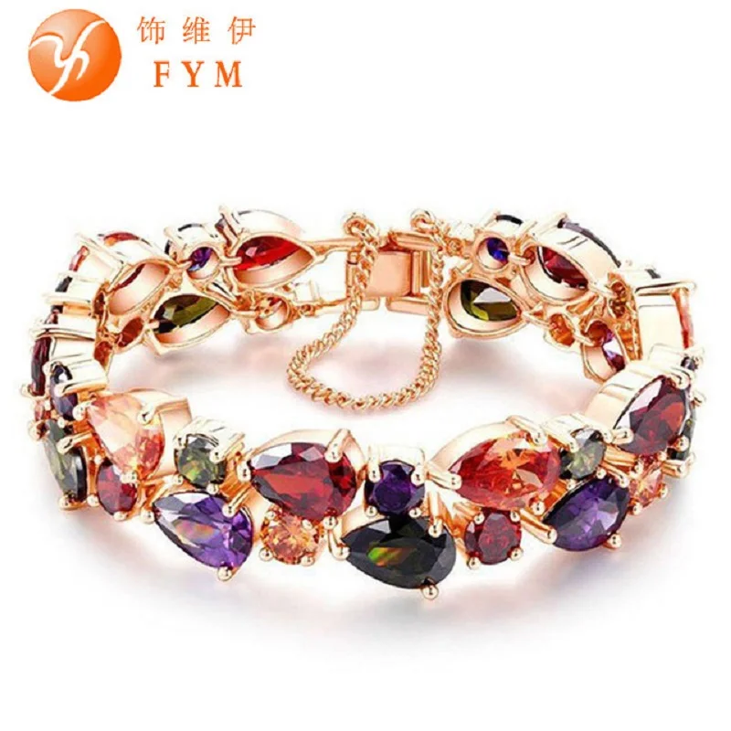 FYM Luxury Charm CZ Diamond Bracelet Trendy Rose Gold Plated Colorful Friendship Bracelet for Women Bride