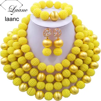 

Laanc Nigerian Wedding African Beads Jewelry Set Gold Ball and Yellow Simulated Pearl Necklace Earrings AL545