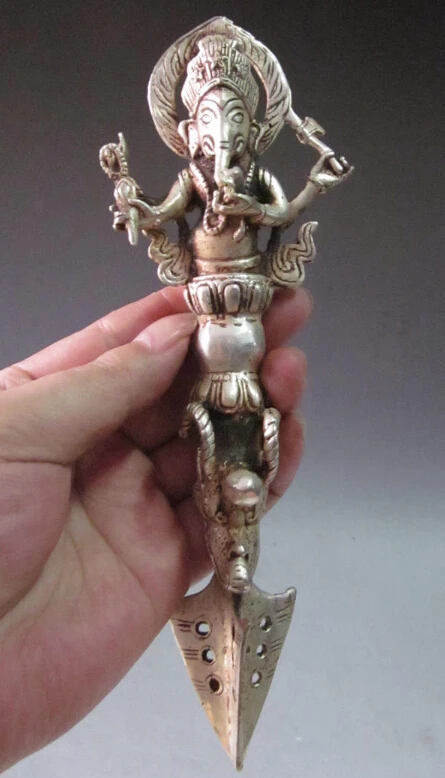 

8" Old Tibet Tibetan Silver Buddhist GANESH Phurpa Dagger