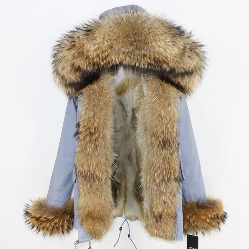 OFTBUY пальто с натуральным мехом, зимняя куртка, женская короткая парка, воротник из натурального меха енота, Толстая теплая подкладка из кроличьего меха, отстегивается, Новинка - Цвет: grey natural FB