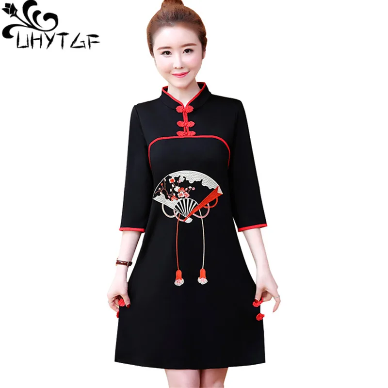 

UHYTGF 2019 temperament female spring dress Fashion Vintage embroidered elegant dresses Black 5XL plus size dress vestidos 1310