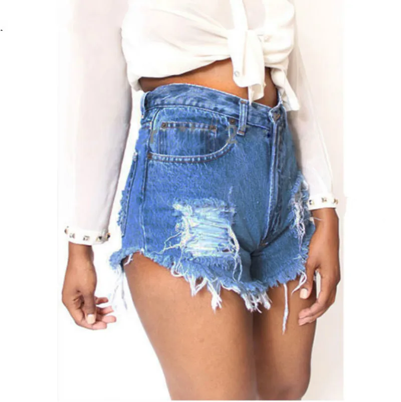 

2019 European and American Wind Female Summer Blue High Waist Denim Shorts Women Worn Loose Burr Hole Jeans Shorts