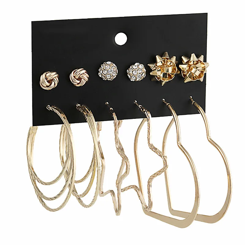 

6 Pairs/lot Personalized Unique Design 5 Pointed Star Heart Woman Earrings Steampunk Big Circle Round Creole Earing Set