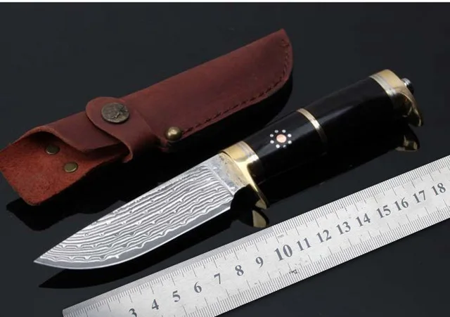 Дешевый 59HRC фиксированным лезвием Охотничьи Ножи ручной кованые Дамаск Сталь Кемпинг Ножи деревянной ручкой выживания тактический инструмент ноже...