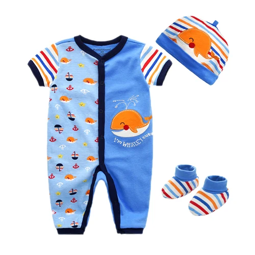 Комплект одежды из 3 предметов осенний хлопковый комбинезон с короткими рукавами для маленьких мальчиков и девочек+ шапка+ носки, комплект для малышей, одежда для малышей - Цвет: whale