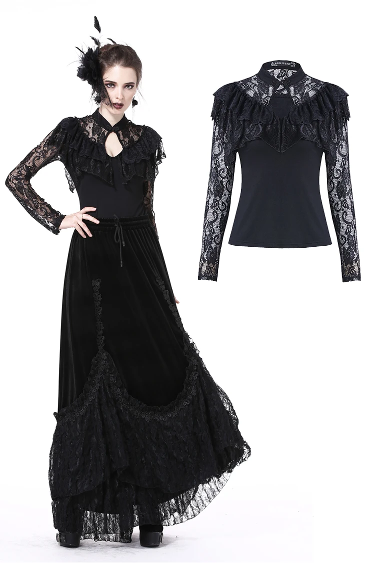 

Darkinlove Women Gothic Black Sexy Lace Shirt Casual Long Sleeve Steampunk Retro Tops Sexy Club Wear T-shirt