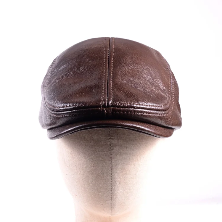 100% Real Leather Men's Winter Warm Earflaps Cowhide Miliitary Army Beret Golf Cap Newsboy Hat/cap mens berets for sale