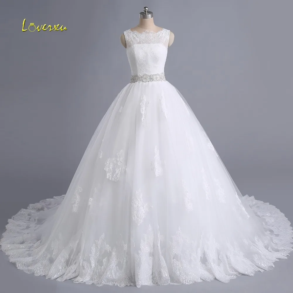 Loverxu Robe De Mariage с глубоким круглым декольте расшитые бисером бальное платье Винтаж свадебное платье Изящные Аппликации суд поезд невесты платье