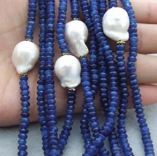 Beautiful 10 row 4mm Blue Faceted bead 16mm Keshi Pearl Necklace - Image 3