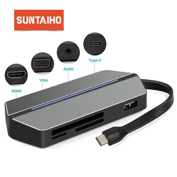 

USB C Hub 8-In-1 USB Hub 3.0 Type C Adapter USB C 3.0 USB-C to VGA HDMI 3.5mm Audio Jack CF SD TF Card Slot for Macbook Laptop