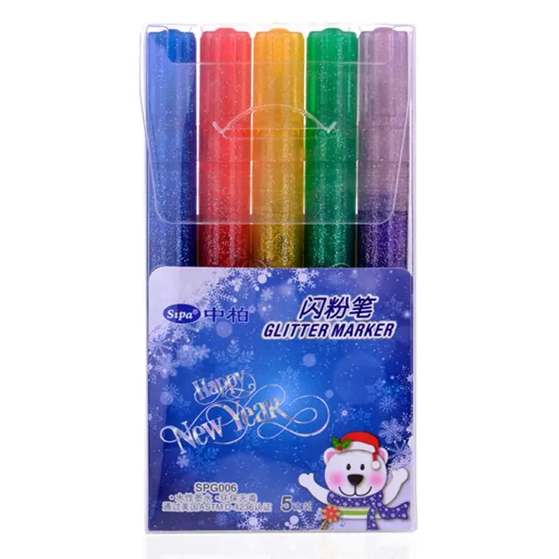 

5 PCS Color Glitter Marker Fluorescent Pen for DIY Children Card Made, Body Paint, Illustration Design, Any Craft Drawing