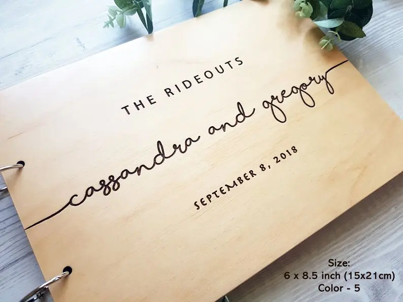 Wooden Wedding Guest Book, Laser engrave Horizontal Wedding Book with Calligraphy Names, Hardcover Instant Photo Booth Album