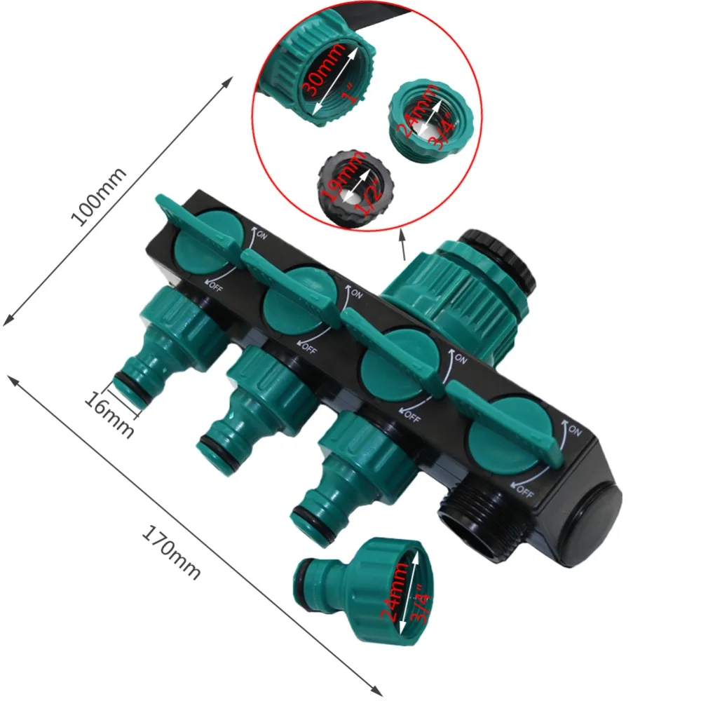 Garden Irrigation Splitter 4-Way Water Splitters 1" to 3/4" to 1/2" Thread European Standard Thread Garden Irrigation Watering Connector Fittings Valve