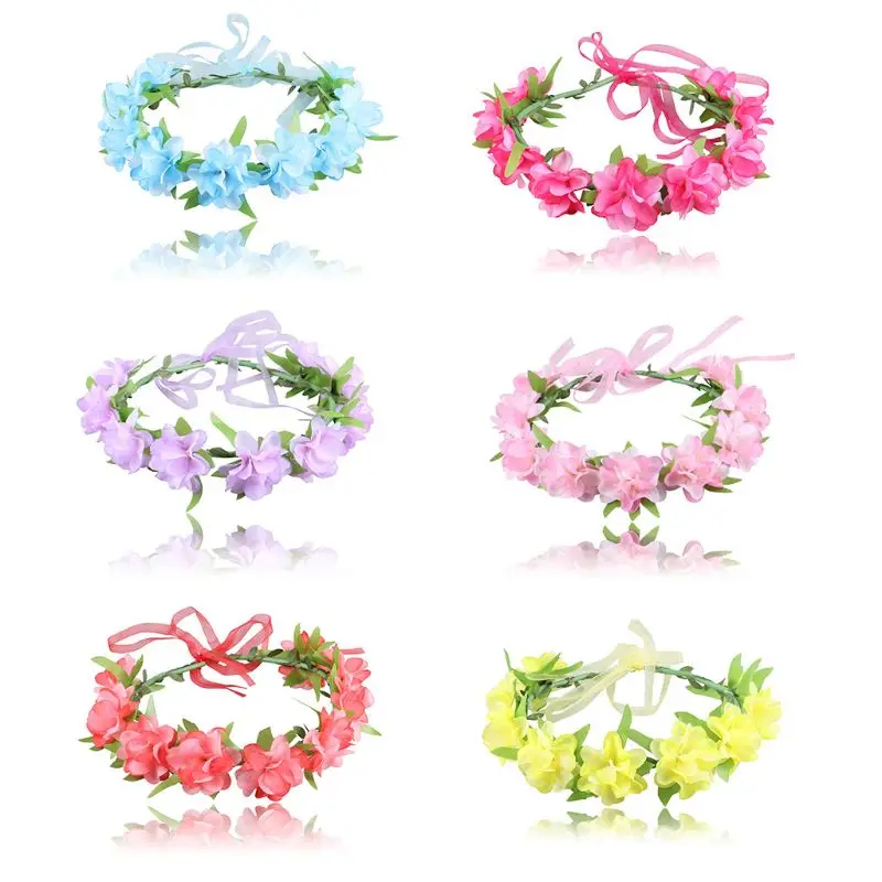 

Women Girl Beach Holiday Aritficial Flower Headband Sweet Candy Color Bridal Adjustable Garland Long Ribbon Crown Hairband Photo