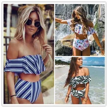 2017 Sexy bikini Set Cintura Alta Mulheres Swimwear Listrado Biquini Babados Nadar Maiô Branco Azul Maiô Biquínis Do Vintage