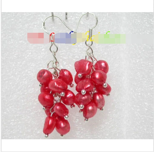 

Grape baroque red pearls dangle earrings 925ss hook ^^@^Noble style Natural Fine jewe FREE SHIPPING