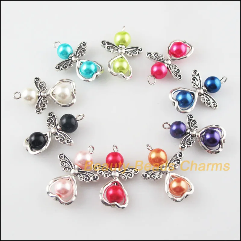 

10Pcs Mixed Dancing Glass Angel Wings Heart Charms Pendants 22x29mm