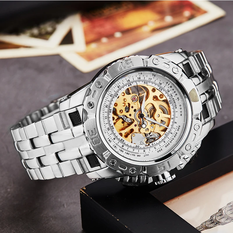 

Silver Gold Automatic Watch Winner Mechanical Men Wristwatch Stainless Steel Bracelet Luxury Men Watch bayan kol saati