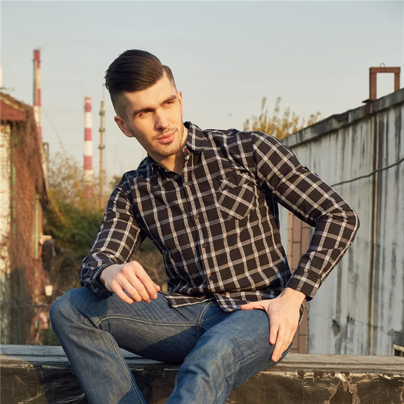 Casual Men's Long Sleeve Plaid Dress Shirt Cool Classic 100% Cotton Male Social Work Business Dress Shirt Tops Camisa Masculina (14)