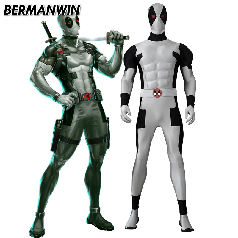 

BERMANWIN High Quality Grey Black X-Force Deadpool Costume Spandex Lycra Suit with Muscle padding Halloween Cosplay Costume