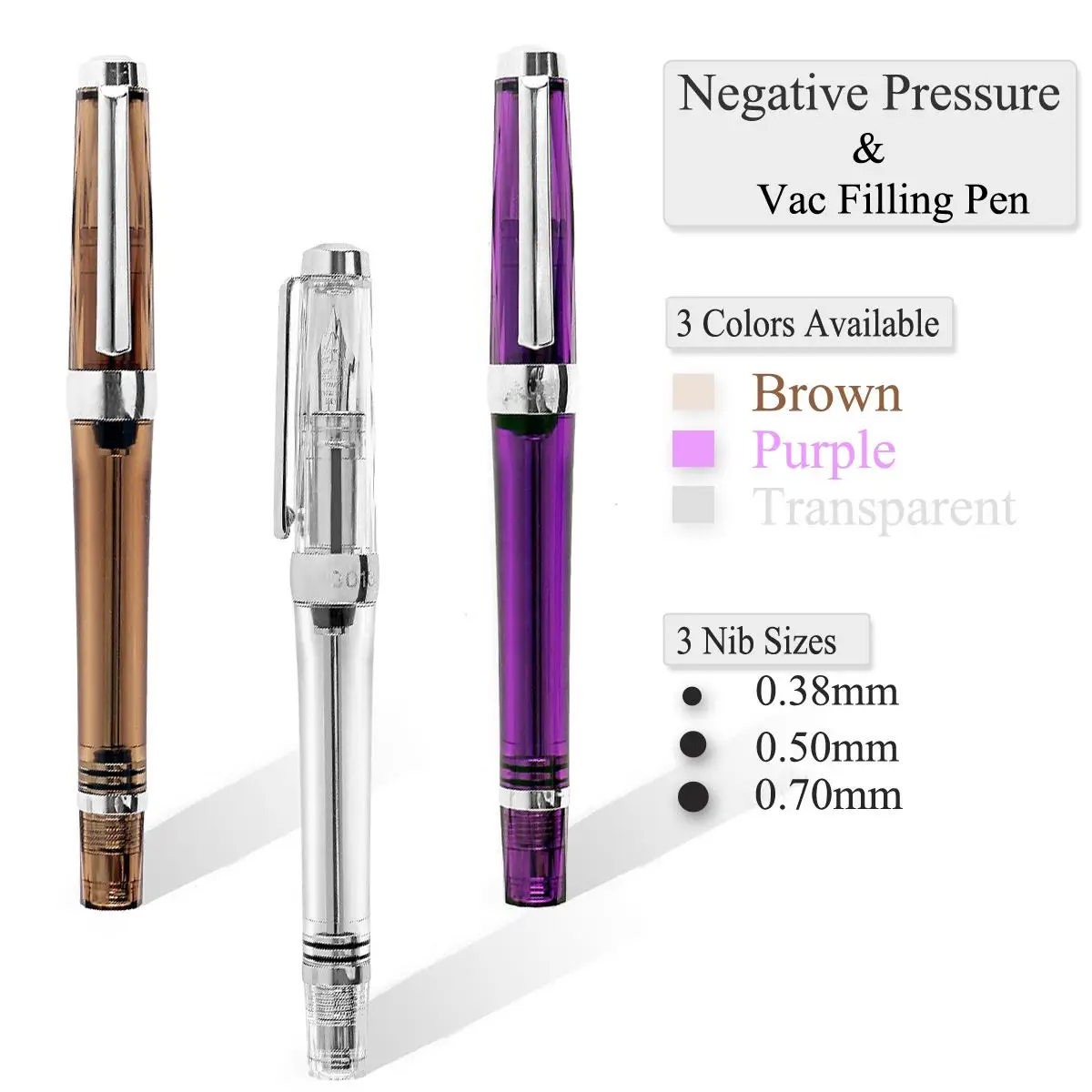 

NEW 3013 Vaccum Fountain Pen Resin EF 0.38mm \F 0.5mm \M 0.7mm Nib Ink Pen Transparent/Purple/Brown