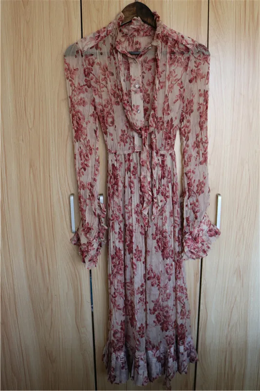 

Women's 100% Silk Dress Vintage Ruffle Butterfly Sleeve Tie Neck Midi Dresses