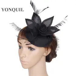 17 видов цветов элегантные fascinators Sinamay базы с пером свадебные головные уборы события поводов коктейль шляпы черный шляп головной убор