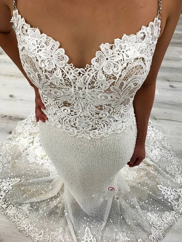 Stunning Beautiful Mermaid Wedding Dresess Spaghetti Strap Sexy Backless Lace Tulle Bride Dress robe mariage 2019 Stunning Beautiful Mermaid Wedding Dresess Spaghetti Strap Sexy Backless Lace Tulle Bride Dress robe mariage 2019