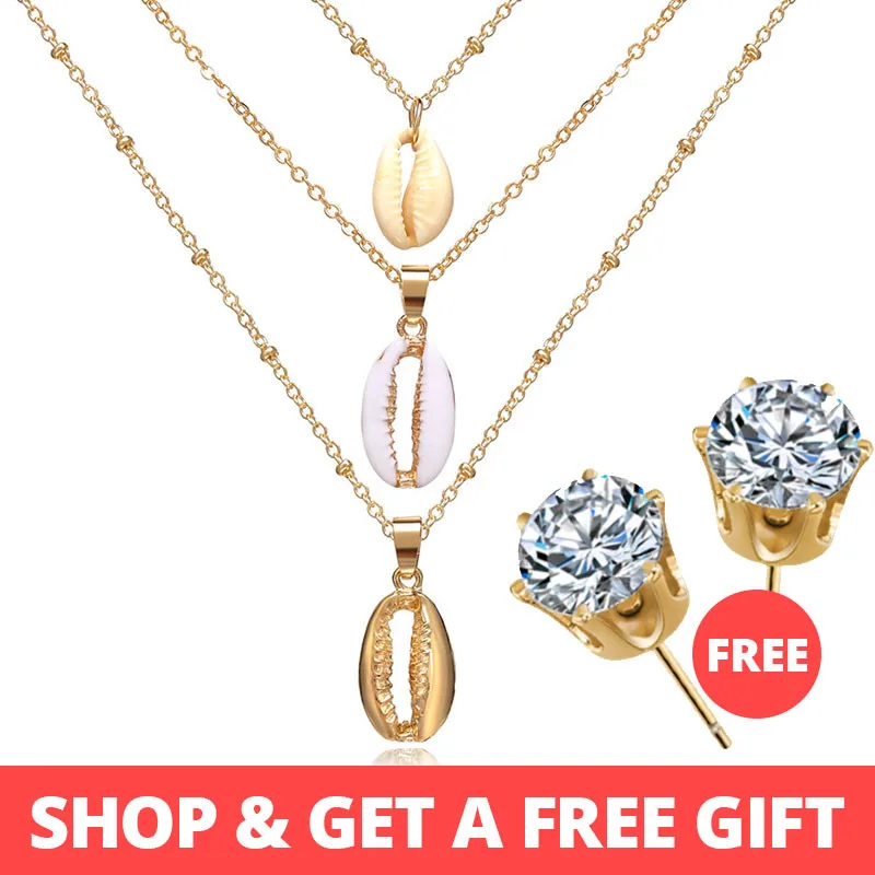Buy-1-Get-1-Gift-New-Gold-Sliver-Multi-layer-Necklace-For-Women-Girl-Shell-Chok