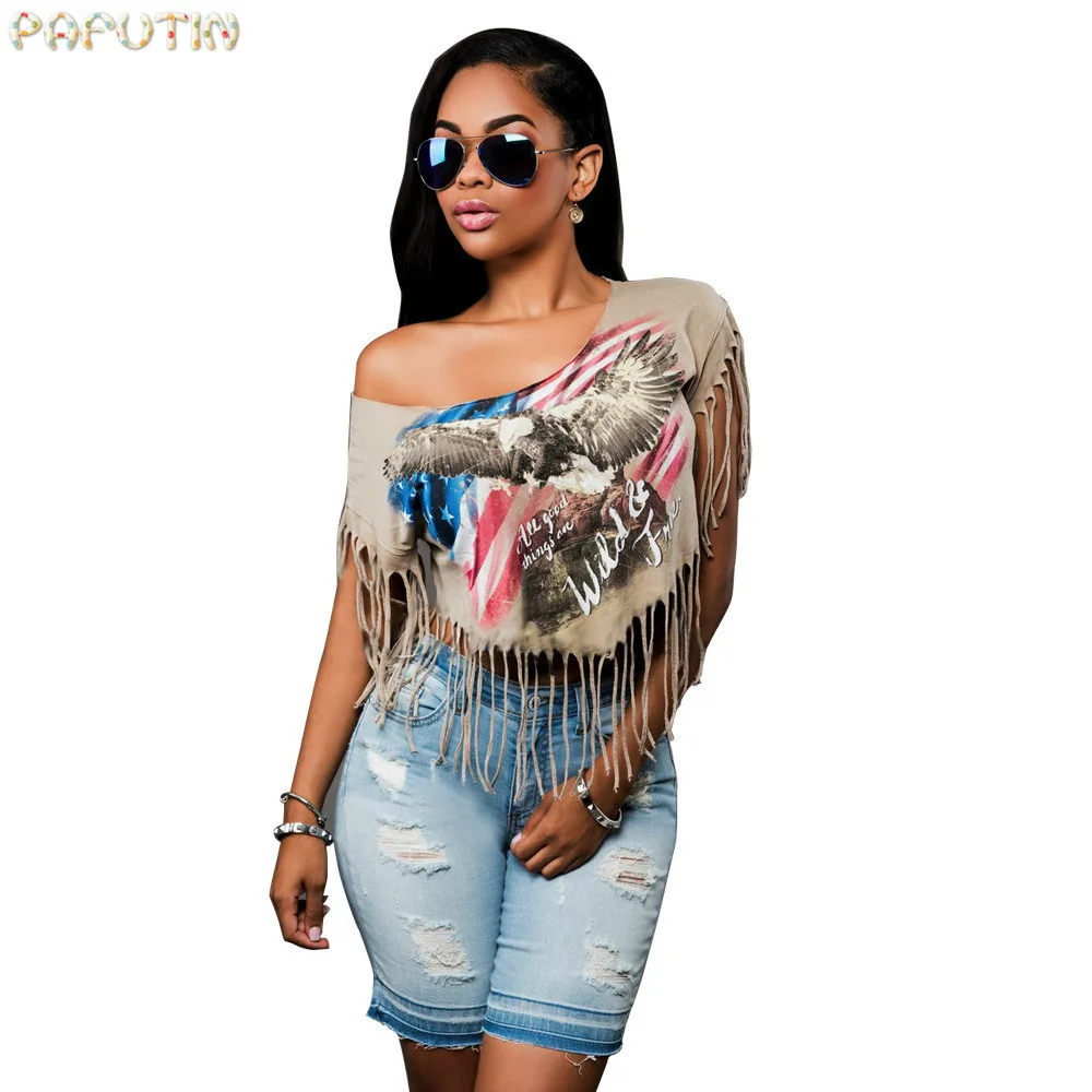

Blusa Promotion Real Broadcloth Camisetas 2017 Summer Selling Europe And The Printed T-shirt Cotton Tassel Sexy Strapless Women