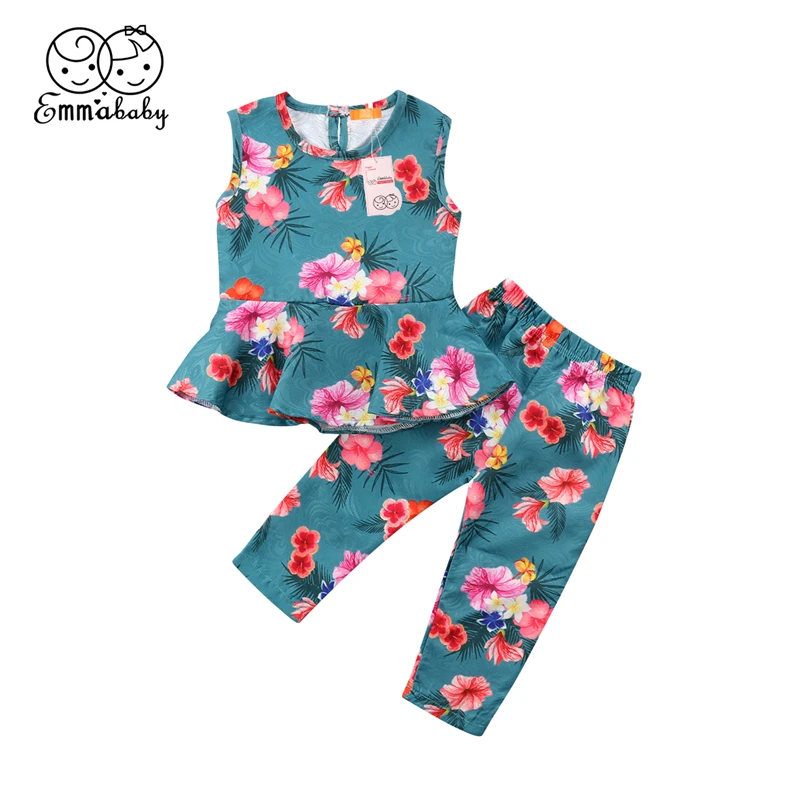 

Emmababy Baby Girl Clothes Set 2Pcs Toddler Kid Sleeveless Floral Top Vest Panties Pant Outfits Summer Princess Clothing 1-6Y