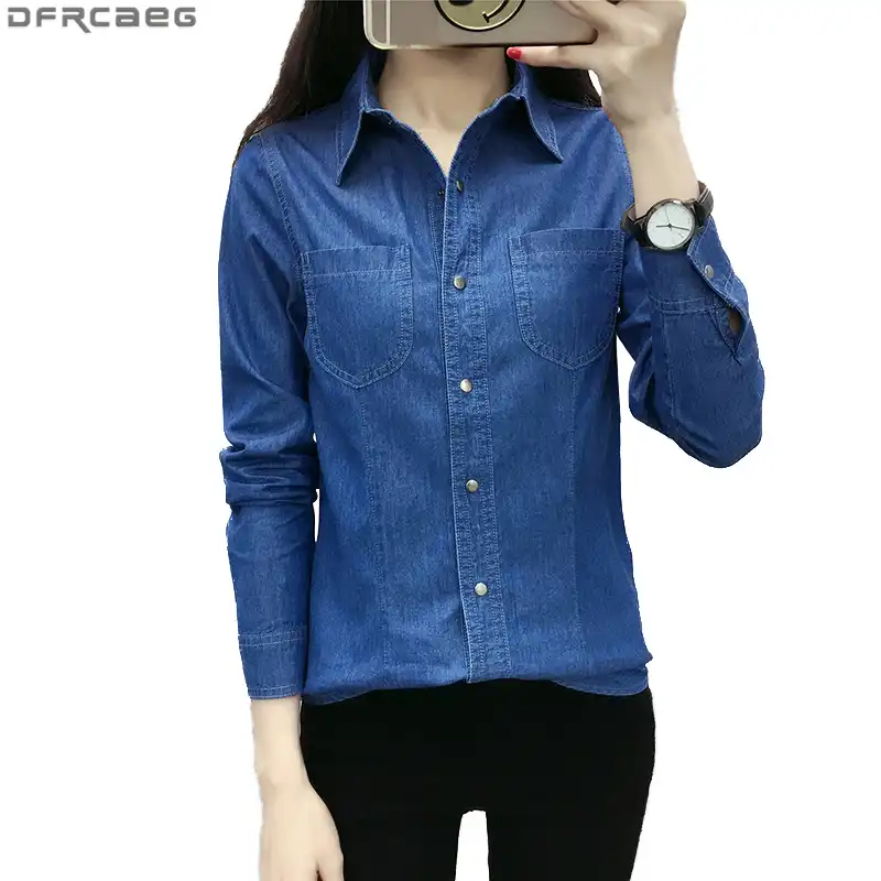 womens blue jean button down shirt
