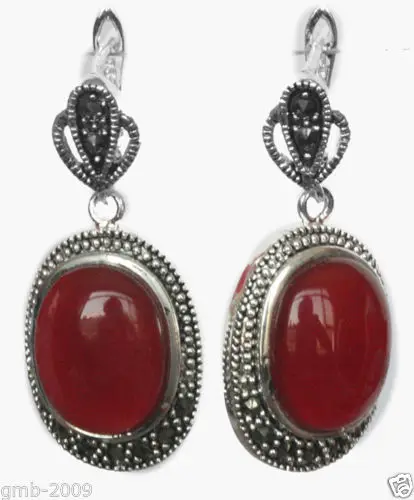 hot sell new - Fashion 925 Sterling Silver Natural Red Agate Marcasite Earrings