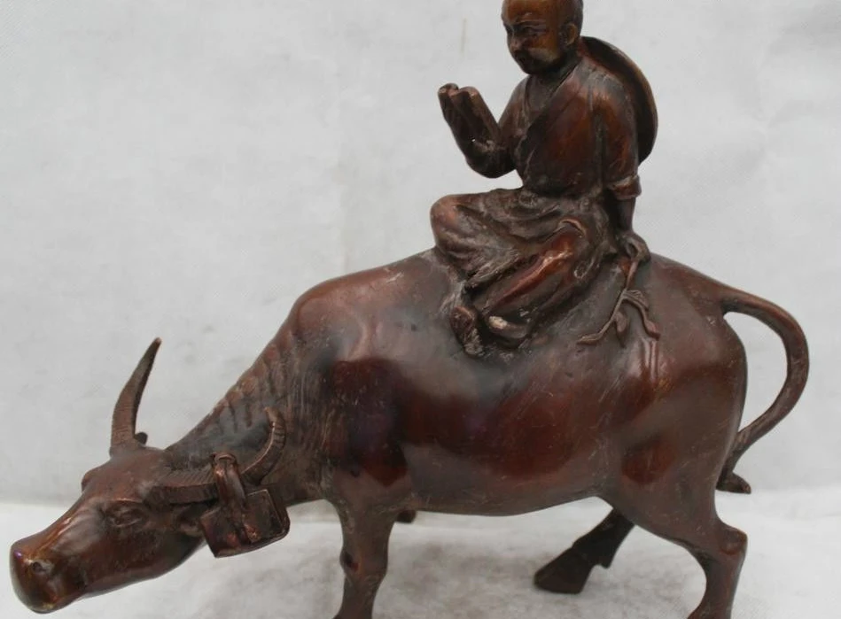 11"Lovely Chinese China Bronze Cowboy Vaquero Children Kids Ride Bull