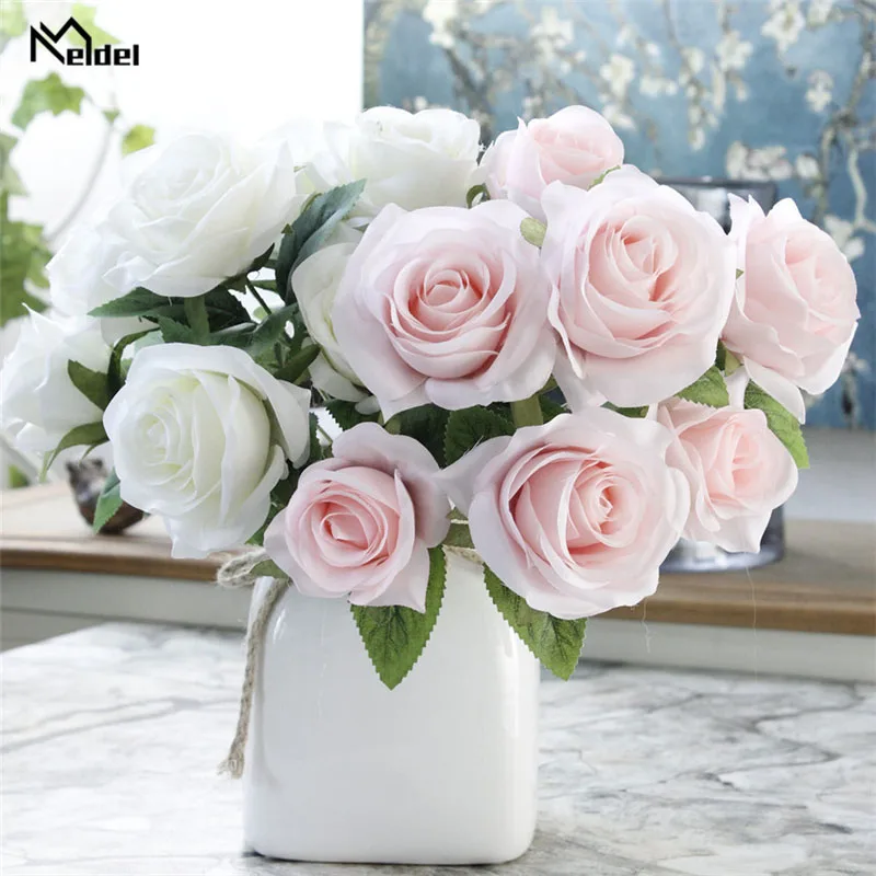 

Meldel Bridal Wedding Bouquet Artificial Polyester 7 Heads Rose Flower Bridesmaids Holder Wedding Bouquets DIY Home Store Decor