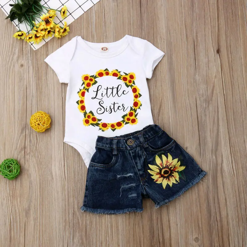 Pudcoco/ г., новая модная Милая футболка для маленьких девочек топы+ шорты в подсолнухами, джинсовый комплект из 2 предметов