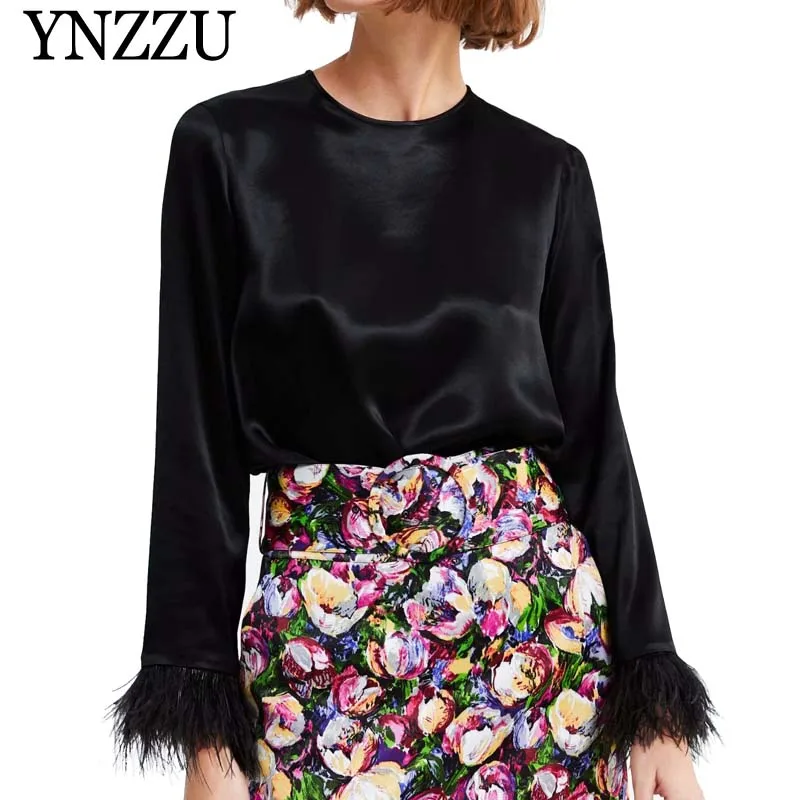 

YNZZU Vintage Irregular Satin Chic Women Tops 2019 Spring Autumn Black O Neck Long Sleeve Ostrich Hair Loose Women Tees YT569