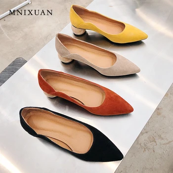 

MNIXUAN Handmade solid office lady pumps women shallow shoes 2019 new sexy pointed toe sheep suede slip on medium heels big size