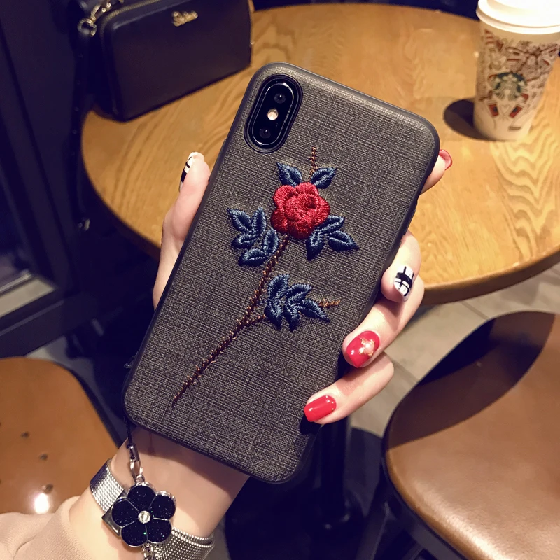 Fashion Embroidery Phone Case For iPhone 7 8 6 6S Plus Vintage Cloth Texture Rose Flower Soft Silicone Cover For iPhone X XS Fashion Embroidery Phone Case For iPhone 7 8 6 6S Plus Vintage Cloth Texture Rose Flower Soft Silicone Cover For iPhone X XS